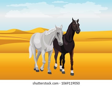 A pair of horses in the sandy desert. Vector illustration