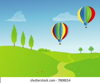 a pair of hot air balloons over a springtime rural landscape