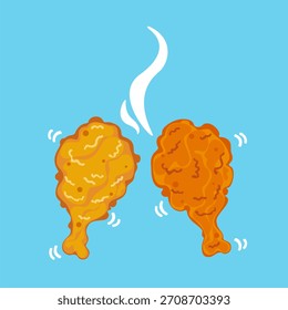 Par de Vector de baquetas de pollo fritas calientes y crujientes. Ilustración de dos patas de pollo fritas calientes con vapor subiendo, mostrando crujiente pan dorado en un estilo de diseño plano.