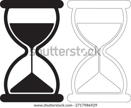 A pair of hourglass icons, one filled in black and the other outlined in black on a white background, symbolizing time