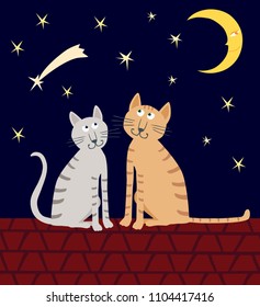 A pair of house cats sit on the roof in the starry night