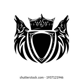 pair of howling wolf heads with heraldic shield and royal crown - medieval style fantasy coat of arms black and white vector silhouette design