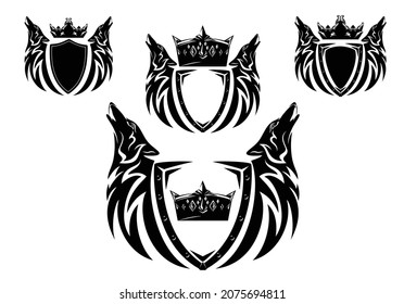 un par de aullantes cabezas de lobo con escudo heráldico y corona real - estilo medieval fantástico escudo de armas conjunto de diseño de silueta vector blanco y negro