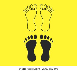 Pair of human footprints displayed in two styles an outline version and a solid black silhouette all set against a vibrant yellow background.