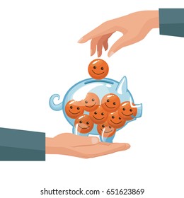pair human hands depositing coin in the form of happy face in a money piggy bank