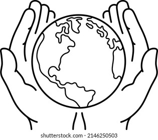 Pair of human hands holding earth globe. Vector outline illustration.