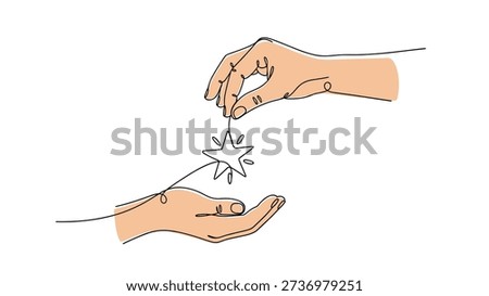 Pair of human hands reaching for a small star in a minimalist continuous line drawing style depicting dreams, hope, and aspirations.