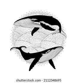 A pair of humpback whales on the waves emblem. Monochrome vector illustration.