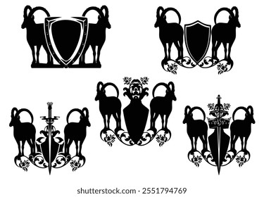 par de caprinos de montanha ibex de pé por escudo heráldico, coroa real e espada cavaleiro - estilo medieval montanhista brasão de armas preto e branco vetor design conjunto