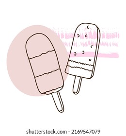 Pair of ice cream, sweet cream, frozen juice, sweets, dessert, outline drawing, linear in doodle style, summer set