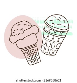 Pair of ice cream, sweet cream, frozen juice, sweets, dessert, outline drawing, linear in doodle style, summer set