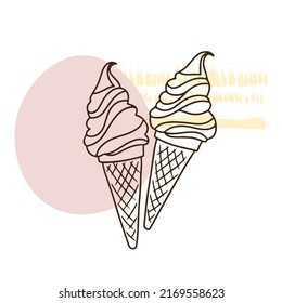 Pair of ice cream, sweet cream, frozen juice, sweets, dessert, outline drawing, linear in doodle style, summer set