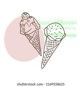Pair of ice cream, sweet cream, frozen juice, sweets, dessert, outline drawing, linear in doodle style, summer set