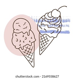 Pair of ice cream, sweet cream, frozen juice, sweets, dessert, outline drawing, linear in doodle style, summer set