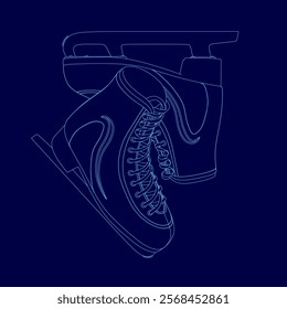 Pair of ice skates are shown in blue. The skates are drawn in a stylized way, with the skates appearing to be in motion. Concept of excitement and energy