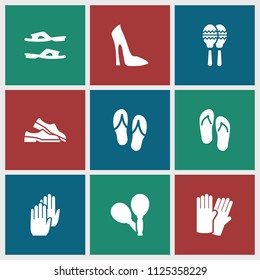 Pair icon. collection of 9 pair filled icons such as glove, woman shoe, slippers, flip flops, maracas. editable pair icons for web and mobile.