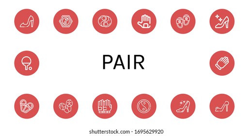 pair icon set. Collection of High heels, Yin yang, Gloves, Slippers, Sandals, Maracas, Ping pong, Glove icons