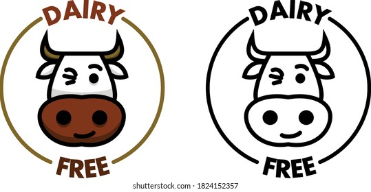 A pair of icons for dairy free products depicting a winking cow. Includes a full color and a black and white version.