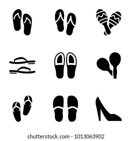 Pair icons. set of 9 editable filled pair icons such as flip flops, slippers, maraca, woman shoe