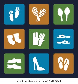 Pair icons set. set of 9 pair filled icons such as baby socks, glove, woman shoe, flip flops, slippers, maracas