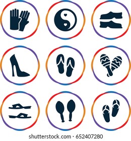 Pair icons set. set of 9 pair filled icons such as glove, woman shoe, flip flops, slippers, yin yang, maracas