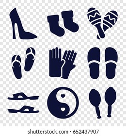 Pair icons set. set of 9 pair filled icons such as baby socks, glove, woman shoe, flip flops, slippers, yin yang, maracas