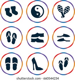 Pair icons set. set of 9 pair filled icons such as baby socks, woman shoe, flip flops, slippers, yin yang
