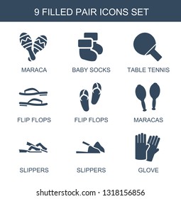 pair icons. Trendy 9 pair icons. Contain icons such as maraca, baby socks, table tennis, flip flops, maracas, slippers, glove. pair icon for web and mobile.