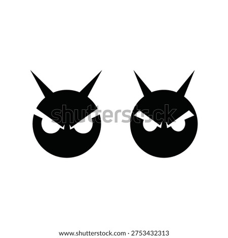 A pair of identical black devil faces with sharp horns and menacing angry expressions, featuring white eyes and a solid white background