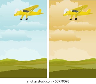 A pair of illustrations of an airplane flying over a rural landscape.