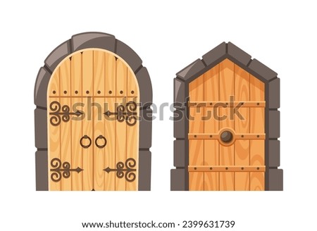 Pair Of Imposing Medieval Doors, Adorned With Intricate Ironwork And Weathered Wood, Stand Stoically Vector Illustration