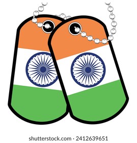 A pair of India military dog tags with chain over a white background showing the Indian national flag