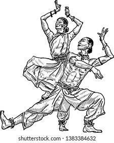 A pair of Indian cultural dancer posing a dance move. Hand drawn vector illustration. 