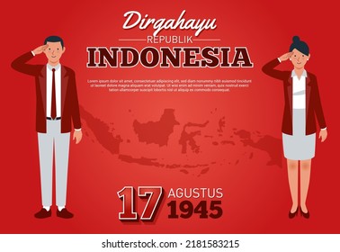 A pair of Indonesian men and women with red and white outfit are saluting the flag with the background of the Indonesian archipelago to commemorate Indonesia's independence day.