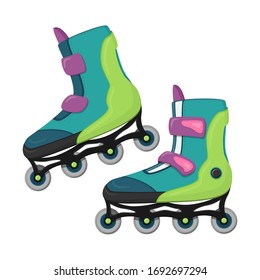 Un par de patines en línea de estilo plano.Ilustración vectorial de color.Vehículo ecológico para circular por la ciudad y dentro de grandes salas.Patines para paseos y deportes. Aislado sobre un fondo blanco