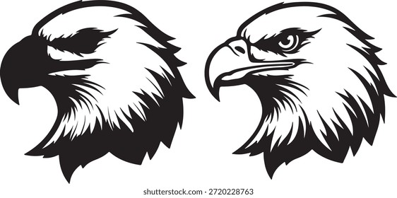 Un par de intensas imágenes de cabeza de águila en blanco y negro, una silueta y la otra un contorno detallado, uno al lado del otro.