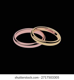 Par de anillos de boda de oro y oro rosa entrelazados, Ilustración vectorial minimalista de bandas nupciales aisladas sobre fondo negro.