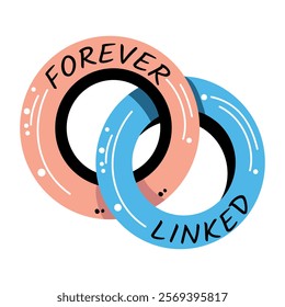 A pair of interlocking rings with the words linked forever written on them, a flat sticker 