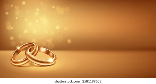 A pair of intertwined elegant, shiny, polished gold wedding rings lying on a softly lit background, symbolize love and unity. Little heart shapes are flying around, creating a romantic atmosphere.