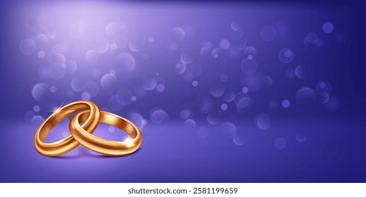 A pair of intertwined elegant, shiny, polished gold wedding rings lying on a soft blue background, symbolize love and unity. Little round shapes are flying around.