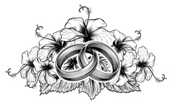 A Pair Of Intertwined Wedding Rings Or Bands And Hibiscus Flowers In Vintage Etching Engraved Style