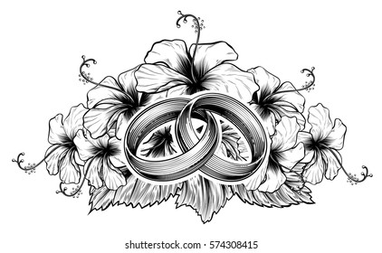 A pair of intertwined wedding rings or bands and hibiscus flowers in vintage etching engraved style