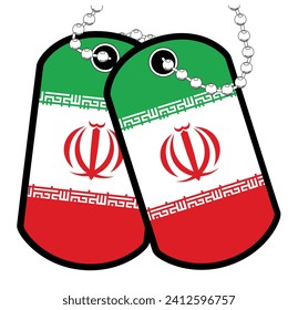 A pair of Iranian military dog tags with chain over a white background showing the Iran national flag