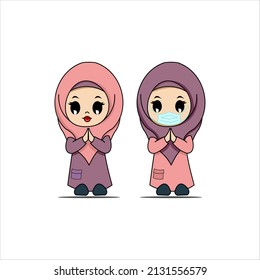 Pair of islamic woman character in cartoon style illustration