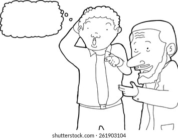 Pair of isolated outlined men pointing at empty space