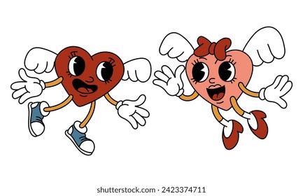 A pair of isolated retro hearts of a boy and a girl are flying. The characters are in the shape of hearts in a retro cartoon style. Vector flat illustration. Valentine's Day wings, joy, cupid