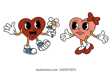 Pair of isolated retro hearts of a boy and a girl are walking towards each other. Characters in the shape of hearts in a retro cartoon. Vector flat illustration. Chamomile Flower for Valentine's Day