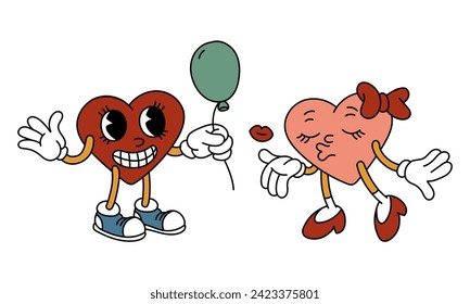 A pair of isolated retro hearts of a boy and a girl are walking towards each other. Heart-shaped characters in retro cartoon style on white. Vector flat illustration. Valentine's Day balloon, kiss