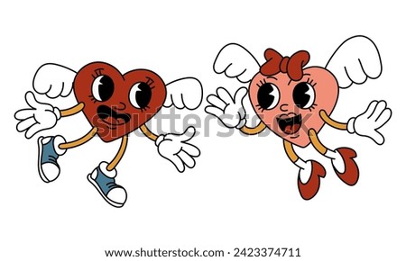 A pair of isolated retro hearts of a boy and a girl are flying. The characters are in the shape of hearts in a retro cartoon style. Vector flat illustration. Valentine's Day wings, joy, cupid