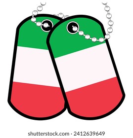 A pair of Italian military dog tags with chain over a white background showing the Italy national flag